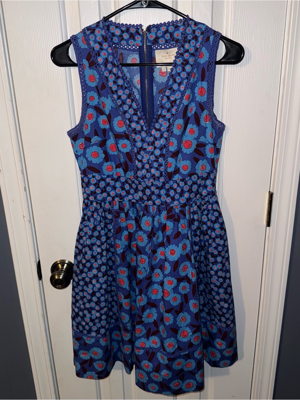 Kate Spade Blue Floral Tangier Sleeveless V-Neck Mini Dress with Red Accents